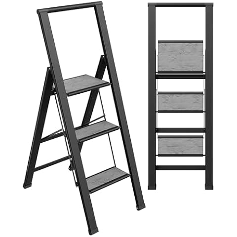 Step Ladder 3 Step Folding, Decorative - Beautiful Gray Wood & Black Aluminum, Ultra Slim Profile, Anti Slip Steps, Sturdy-Portable for Home, Office, Kitchen, Photography Use,by SORFEY Cover