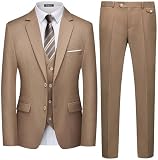 WULFUL Men's 3 Piece Slim Fit Suit Set Two Button Blazer Jacket Vest Pants Tuxedo Set for Party, Wedding and Business Light Brown
