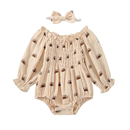 Image of JLKGICF Infant Baby Girl Fall Outfit Sunrise Printed Bubble Romper Off Shoulder One Piece Bodysuit Newborn Toddler Clothes(Bubble Romper Beige, 6-12 Months)