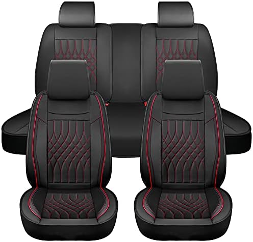 Sanwom Leather Car Seat Covers Full Set - Universal 5 Pcs Waterproof Vehicle Cushion, Leatherette Automotive Seat Protector Accessories for Most SUV Sedan Pick-up Truck Such Honda Ford, Black & Red