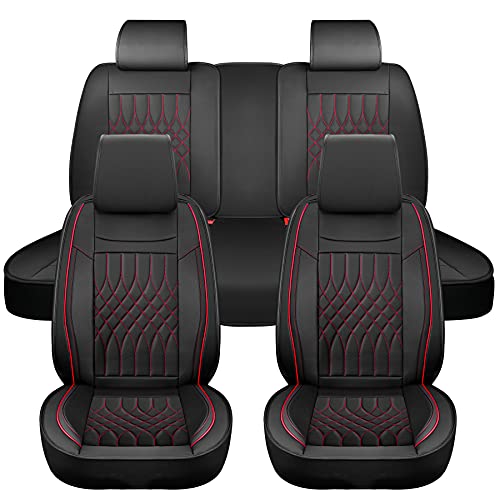 Sanwom Leather Car Seat Covers Full Set - Universal 5 Pcs Waterproof Vehicle Cushion, Leatherette Automotive Seat Protector Accessories For Most Suv Sedan Pick-Up Truck Such Honda Ford, Black & Red #TOP7