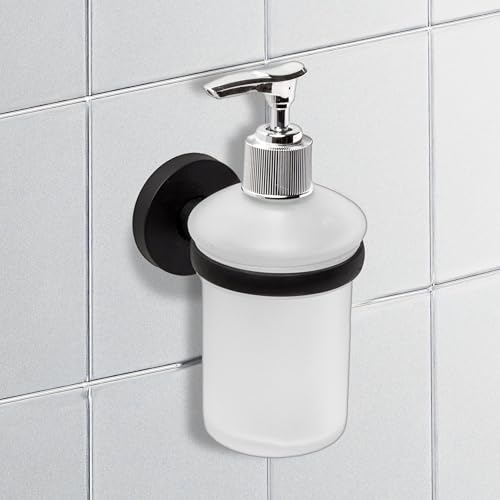 IPEA Porta Dispenser Adesivo da Parete Nero - Non Necessita Foratura - Design Moderno - Elegante Porta Flacone da Muro per Sapone Liquido da Incollare in Bagno, Doccia, Casa - Supporto Autodesivo