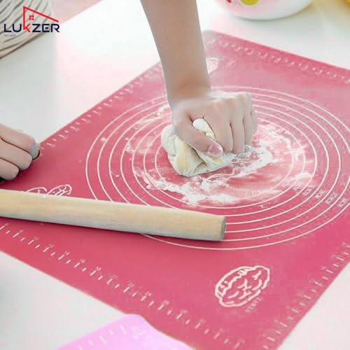 Image of Lukzer Non-Stick Silicone Baking Mat with Measurements for Fondant Pastry Dough Roti Chapati & Pizza | Reusable Kneading Rolling Sheet Easy to Clean Food Grade 50 x 40 cm (Red)