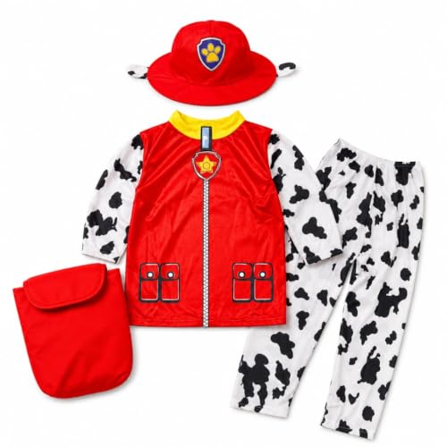 Image of WANNA PARTY Cute Cartoon Paw Chase Marshall Costume with red backpack for Boys for Birthday Outfit,Halloween, Pretend Play Costume Dress for Boys.Size-3 to 5 years