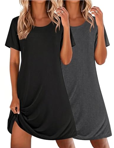 Image of Ekouaer 2 Pack Nightgowns for Women Sleepshirt Short Sleeve Night Shirts