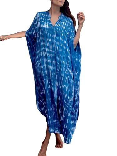 Chunoy Womens Loose Tie Dye Button Down Robe Sunscreen Bikini Cover Up Smock Beach Wear Maxi Kaftan Dress Blue