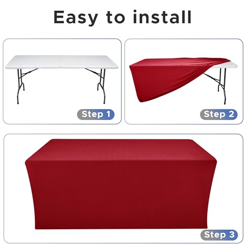 Image of Rectangle Spandex Fitted Tablecloths For Vendor Booths 4 Pcs 72X30 Inch Red | Wrinkle Resistant Fitted Tablecloths for 6 Foot Folding Table, Vendor Booths, Parties, Craft Show, Trade Show,30x72 Inch