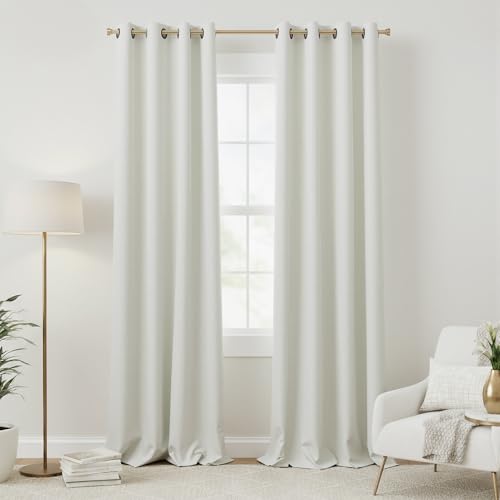 Image of 100% Blackout Linen Textured Curtains for Bedroom Full Light Blocking Room Darkening Bronze Grommet Window Drapes Thermal Insulated Energy Efficient Home Decor 52x108 Ivory (2 Panels)