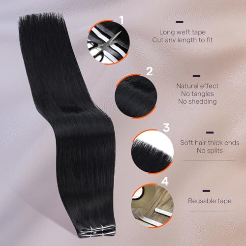 Image of Full Shine Tape in Weft Hair Extensions, Jet Black 18 Inch