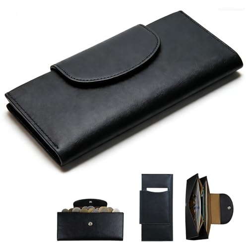Women's 2-Tier PU Leather All-in-One Long Bifold Wallet | Cash Envelope Wallet, Money Organizer for Cash, Cash Organizer | Travel & Budgeting Essential for Cash, Credit Cards & Business Cards - Black
