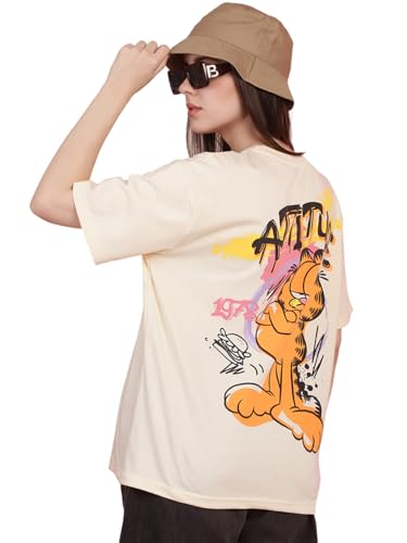 Image of Preneum Women's Cotton Cool Graphic Printed Baggy Fit Drop-Shoulder Sleeves Cotton Oversized T-Shirt