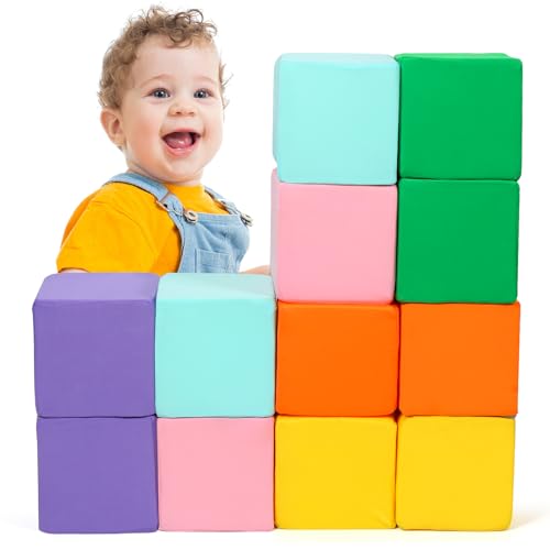 Foam Blocks for Toddlers, 12 PCS Soft Building Blocks for Kids, Large Foam Cubes Colourful Stacking Block Sets - Throw & Play Toys with Washable Cover(Pink, Light Blue, Yellow, Orange, Green, Purple) - image 1
