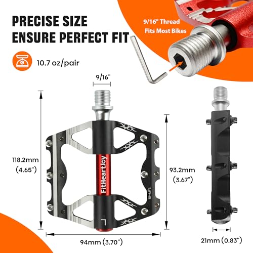 Image of Mountain Bike Pedals, MTB Pedal with 3 Sealed Bearings, 9 /16 inch, CNC Aluminum Flat Bicycle Accessories with Anti-Slip Pins for Mountain Road Bike (Red /Black /Blue /Grey)