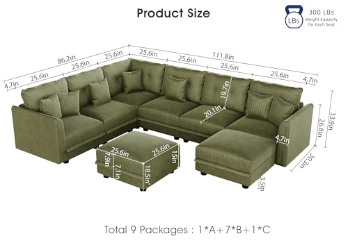Image of LLappuil Modular Storage Sectional Sofa with Ottoman, U Shaped 8-Seat Corduroy Couch with 7 Throw Pillows, Convertible Sofa Set for Living Room, Skin-Friendly & Soft, Scratch Resistant, Green