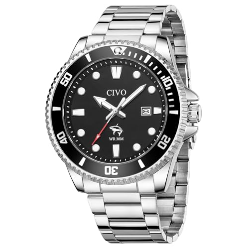 CIVO Silver Analog Watches for Men: Luminous Stainless Steel Watch with Date - Waterproof Wrist Watches for Casual Dress Wear - Gifts for Watch Enthusiasts and Collectors