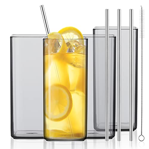 Xuwaidsgn 4 Pack Acrylic Square Drinking Glasses 12Oz Reusable Square Juice Cocktail Glasses With Steel Straw Unbreakable Square Shape Tumbler For Water, Beer, Mixed Drinks And Milk #TOP15