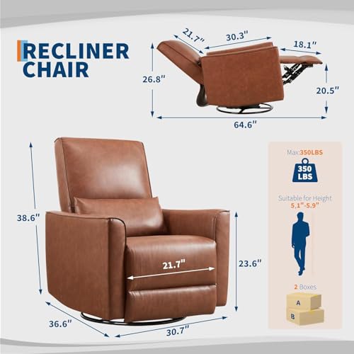 Image of Swivel Rocking Nursery Recliner Chair, Glider Rocker Recliner with High Backrest & Deep Seat, PU Leather Sofa Chair for Nursery, Living Room, Bedroom and Home Theater, Brown