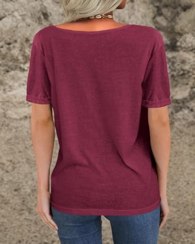 Image of Danedvi Women Deep V-Neck Short Sleeve Tops Solid Casual Loose T Shirt
