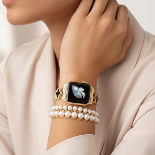 Image of ZORBES Bling Diamond Band Compatible with Apple Watch Bands for Women 40mm 41mm 38mm 42mm Series 11 10 9 8 7 6 5 4 SE 3 2 1, Sparkle Metal Bracelet Wristband, Cute Lucky Clover Dressy for iWatch Band