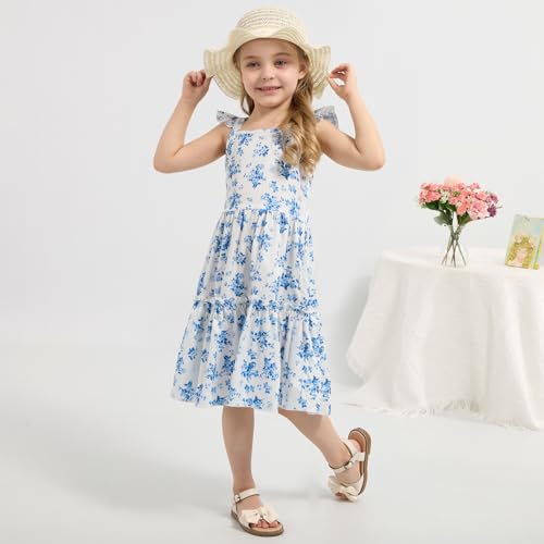 Girls Summer Floral Dresses Tie Back Flutter Sleeves Casual Spring Dress for 4-12 Years3