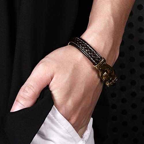 Aizu Viking Bracelet For Men - Brown Genuine Leather And Stainless Steel Bracelets With Gold Magnetic Clasp - Charm Cuff Bangle Wristband For Mens Boys Or Husband 8.3 Inches #TOP5