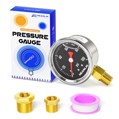MEANLIN MEASURE 0~100Psi Stainless Steel 1/8" NPT 1.5" FACE DIAL, Glycerin Filled Pressure Gauge, Liquid Filled, Lower Mount(Black) with 1/4" NPT and 3/8" NPT Hex Bushing