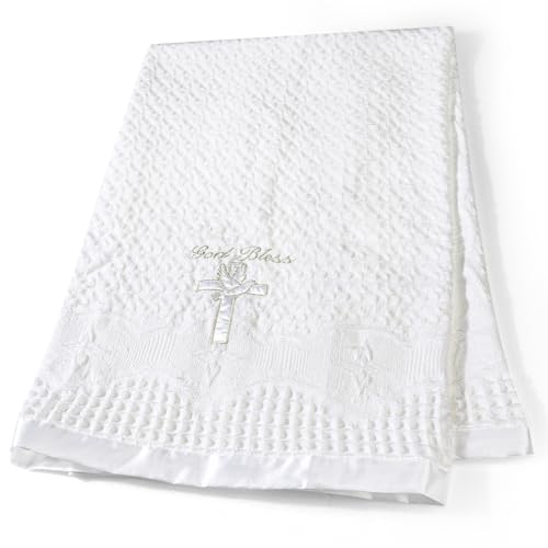 Baby Blanket for Boys Girls God Bless Easter Baptism Christening Shawl White Soft Knit Receiving Swaddle Newborn Unisex Summer Autumn Winter Nursing Cover