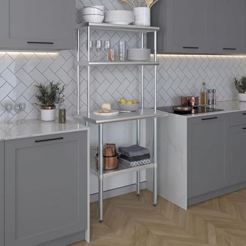 Image of AmGood Stainless Steel Work Table with 12 inch Wide Double Tier Overshelf | NSF Stainless Steel Table with Double Overshelves, 30 inch Long x 18 inch Deep