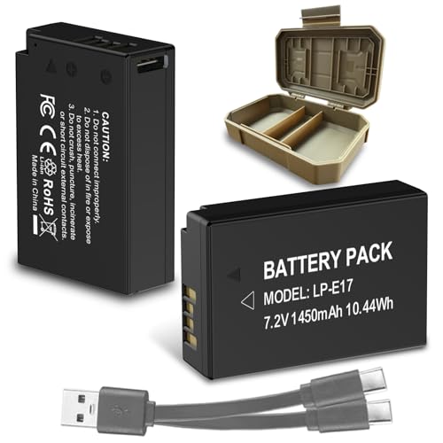 Batería LP-E17 de 1450 mAh (2 paquetes), 2025, nueva rediseñada, de alto rendimiento, ultra alta capacidad, de iones de litio, con cable de carga USB-C, para Canon Rebel SL2, T6i, T6s, T7i (LP-E17,2