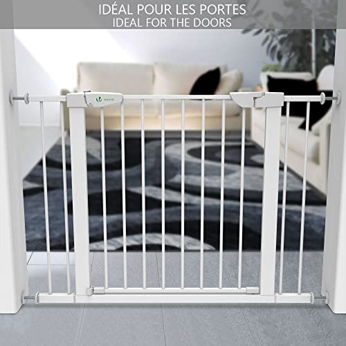VOUNOT Treppenschutzgitter 75–108cm, ohne Bohren, Türschutzgitter für Kinder, Hunde und Katzen, Auto-Close Treppengitter, Magnetverschluss, 90° Stop, Weiß