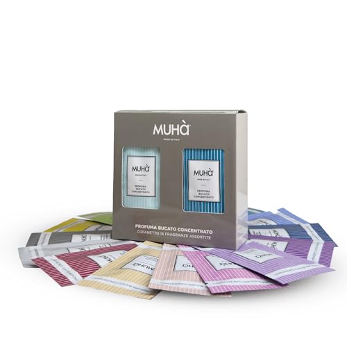 MUHA' | Kit da 16 Buste, Profumatore per Bucato, Fragranze Assortite, Essenze Profumate per Lavatrice, Formato da 10 ml ciascuna