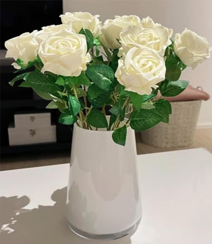 WENSINL 10 Pieces Artificial Flowers White Roses Bouquet Fake Roses for Valentine\'s Day Birthday Party Wedding Engagement Anniversaries Home Table Decoration (White, 10 PCS)
