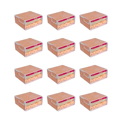 Image of PRETTY KRAFTS Stackable Fabric Saree Storage Organizer for wardrobe, Clear front window with Lid, Stackable organizers, Perfect to organize sarees in a wardrobe, Set of 12, Jute OrangeGrey