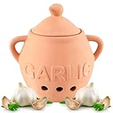 Home-X Unglazed Terracotta Garlic Keeper, Kitchen Counter Accessory, Farmhouse Storage Container with Lid, Small Storage Jar for Garlic Bulbs, 5 ¼” D x 4 ¼” H, Terra Cotta