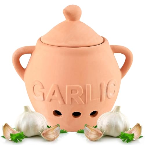 Home-X Unglazed Terracotta Garlic Keeper, Kitchen Counter Accessory, Farmhouse Storage Container with Lid, Small Storage Jar for Garlic Bulbs, 5 ¼” D x 4 ¼” H, Terra Cotta -  SH3549