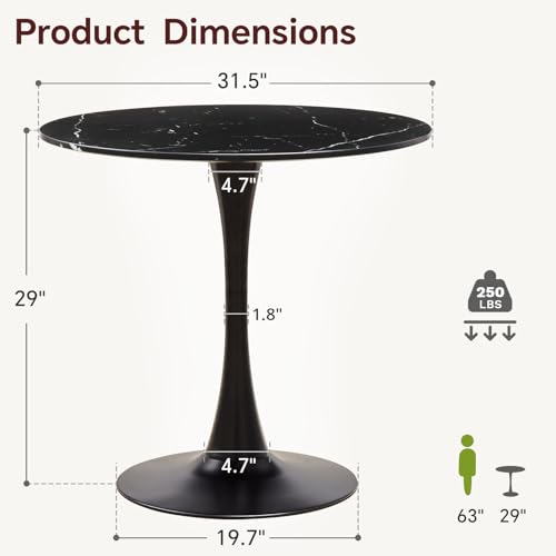 Image of Round Dining Table 31.5 inch Faux Marble Black Tulip Table with Pedestal Base for 2-4 People Small Space - Kitchen Living Room Cafe
