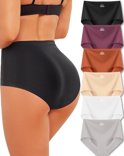 ROSYCORAL High Waisted Seamless Underwear for Women Full Coverage Hiphugger High Rise Silky No Show Briefs Panties 6 Pack (L)
