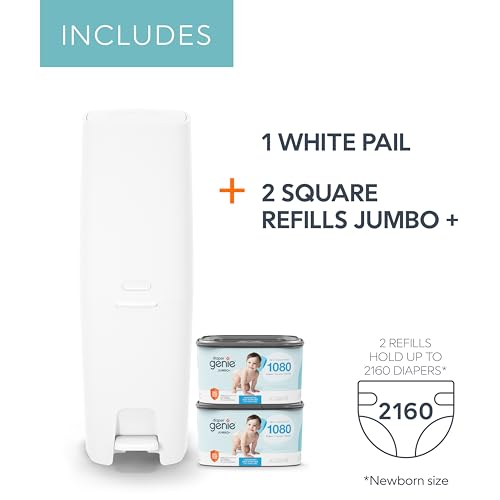 Image of Diaper Genie Premier Diaper Pail Gift Set with 2 Jumbo+ Square Refills | Premier pail registry gift set includes Jumbo+ long-lasting odor-locking square refills holding up to 2,160 newborn diapers.