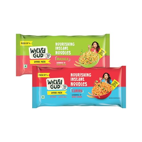 Wickedgud Whole Wheat Masala & Curry Noodles 240g Pack of 2| No Maida | No Palm Oil | Source of Protein