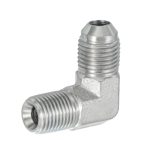Image of PATIKIL 90 Degree Pipe Adapter, 9 /16 inch Male 37 Flare JIC x 1 /4 inch BSPT Male Connector Carbon Steel Elbow Fitting for Air Hydraulic Fluid Fuel Water Oil, Silver