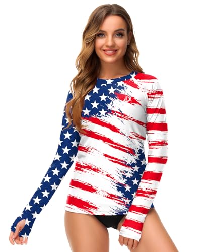 Image of Deerose Womens Gradient Rash Guard UPF 50+ Swim Shirts Surfing Top with Thumb Hole