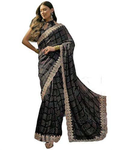 Image of SIRIL Women's Chiffon Scalloped Border Sequins Embroidery Saree with Unstitched Blouse Piece