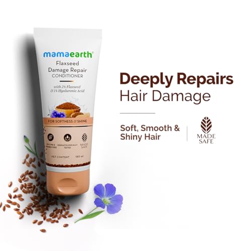 Image of Mamaearth Flaxseed Damage Repair Conditioner with 2% Flaxseed, 1% Hyaluronic Acid, Ceramides | Makes Hair Soft, Smooth & Shiny | Deeply Conditions | Dry & Frizzy Hair | Sulphate & Paraben Free | 180 ml