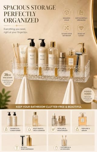 Image of Transparent Acrylic Set of 2 Shower Caddy with Golden Hooks| Bathroom Wall Shelf Organizer with 2 Tier Storage for Toiletries, Shampoo, Skincare, Cosmetics & Bathroom Accessories