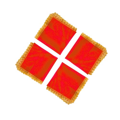 Set of 4 Puja Chunari Chunni Netted Cloth (20\ x 12\) Chunar Aasan Mat for God Idol Temple Frame Lakshmi Puja Navratri Diwali Pooja Mandir Cloth for Indian Traditional Festival Housewarming Decor(Red)