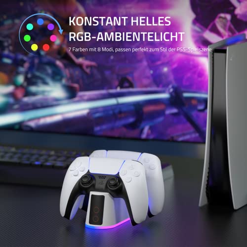Ladestation für PS5 Controller mit Einstellbarem RGB Licht, 2 Stunden Schnellladung Ladestation Schnelllade, Click-in-Design, LED-Anzeige Intelligenter Sicherer Ladeschutz für Sony Playstation 5 - Image 4