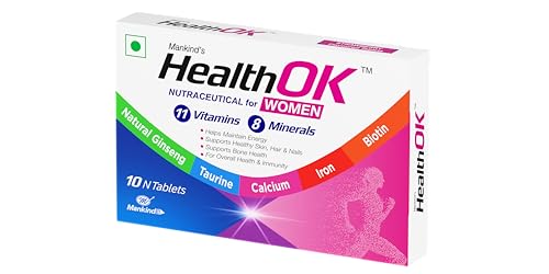 Image of Mankind HealthOK Women Multivitamin 10 Tablets - Strawberry Flavour, Pure Vegetarian, 19+ Essential Vitamins & Minerals with Biotin & Ginseng | Hair Skin Nails, Energy & Bone Health Support x Pack of 2