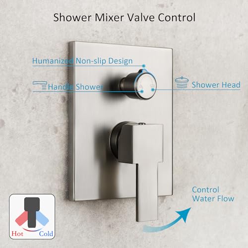 SKOWLL-Brushed-Nickel-Square-Shower-Faucet-Set-Rainfall-Shower-Head-LED-Shower-Faucet-Overhead-Shower-System-Shower-Head-and-Handle-Set-Wall-Mount-10-Inch-with-2-Function-Shower-Valve-Kit