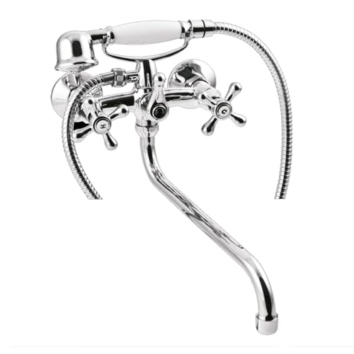 Plumbing4home Chrome Cross Tap Head Bad Filler + Douche Mixer Muur gemonteerd, Lange 30 cm Tuit