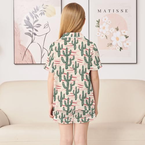 Cartoon Simple Cactus Summer Satin Pajama Set, Cute Button-Down Sleepwear Pj Set for Sleep Wears4